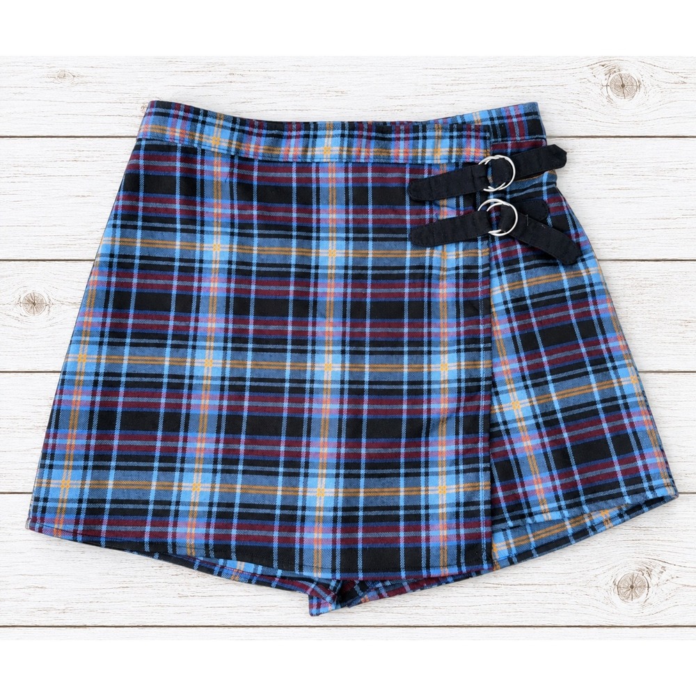 SO Plaid Skort Double Buckle Faux Wrap High Rise Mini Skirt School Girl 9 NWT